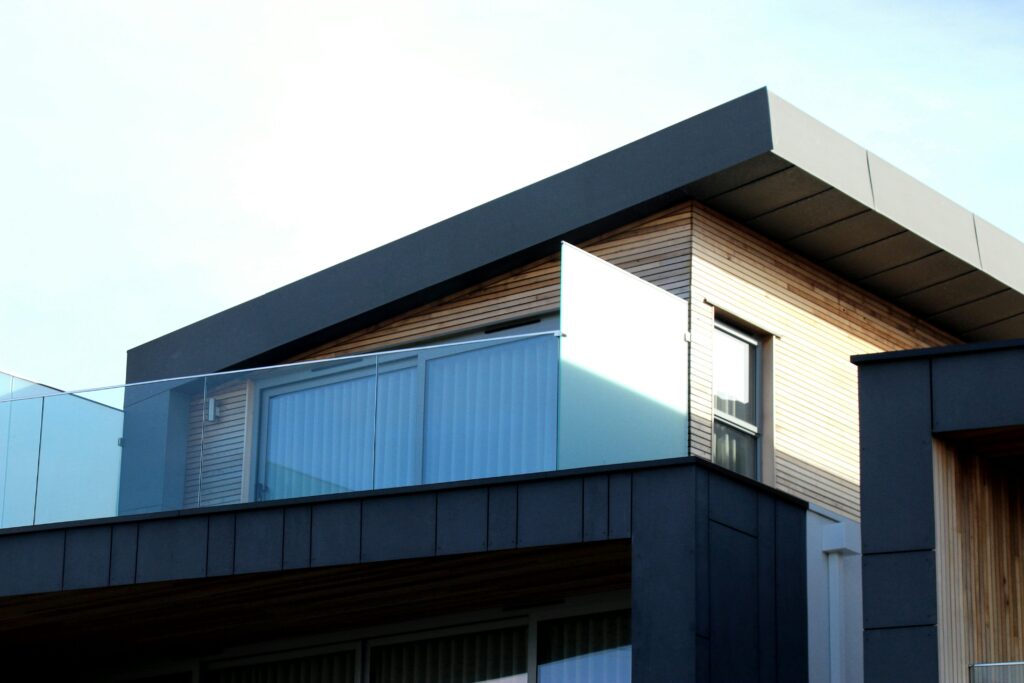 Contemporary building facade with sleek lines and glass elements in Poole, UK.